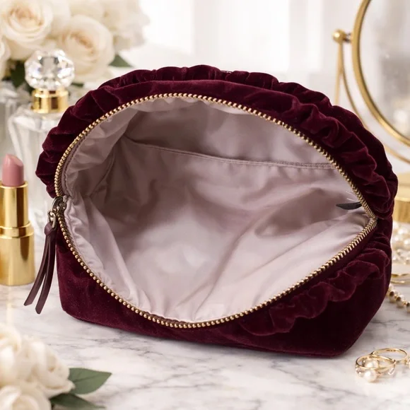 kate spade New York Velvet Ruffle Cosmetic Pouch in Burgundy - Picture 3 of 9